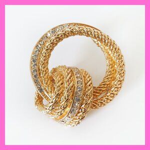Vintage Christian Dior Round Knot Rope Gold Tone Brooch Clear Rhinestones 1970s